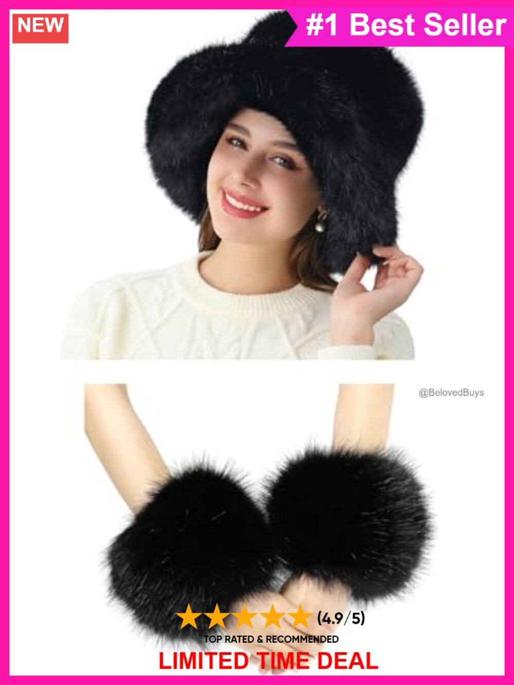 Faux Fox Fur Bucket Hat and Wrist Cuffs 2pc Set Winter Warm